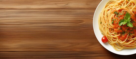 Poster - Spaghetti with tomato sauce in a white dish on wooden floor background and have copy space in concept of eating good food is health care