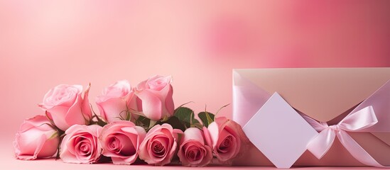 Wall Mural - Envelope with blank greeting card hearts gift box and bouquet of roses on pink background Valentine s Day celebration. copy space available