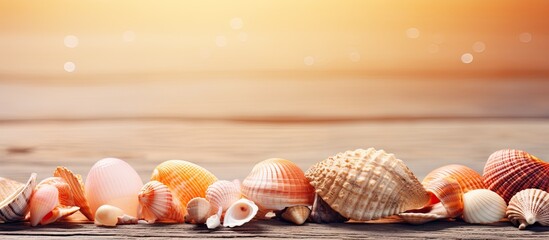 Poster - little shells on a wooden background seashells. copy space available