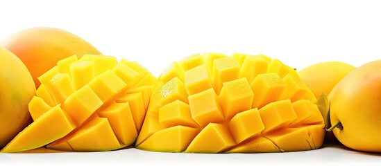Aufkleber - Fresh organic sweet cut mangoes with an isolated white background Close up shot of chopped organic mango fruit Mangoes Tropical Fruits On an isolated background with Copy space