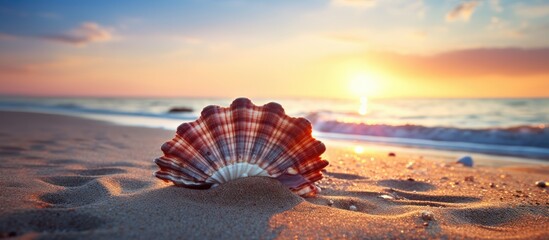 Poster - Summer photo of beach and shell in hot sand Summer sunset time and ocean landscape. copy space available