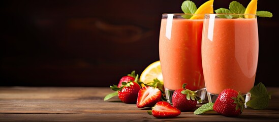 Poster - Fresh strawberry and orange smoothies a refreshing and delicious drink perfect for any occasion. copy space available