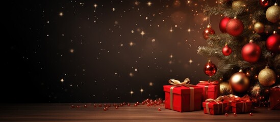 Poster - Christmas background with decoration tree branches ball gift box Greeting Card. copy space available