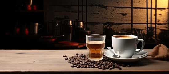 Aufkleber - Instant coffee ready to drink on a lathe table. copy space available