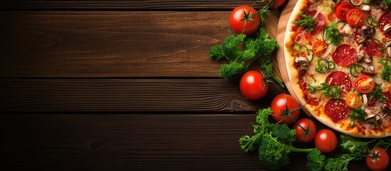Poster - pizza on the board colored background with vegetables and garlic. copy space available