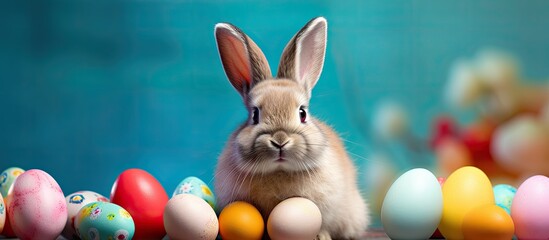 Aufkleber - Colorful Easter themed composition with a charming bunny and eggs set against a vibrant background creating an appealing copy space image