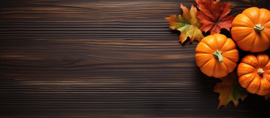 Poster - Composition of orange pumpkins on a black wooden background with copy space Autumn harvest Thanksgiving day two pumpkins on dark table top view