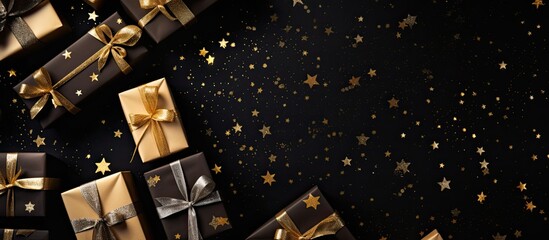 Poster - Greeting Christmas background Gifts wrapping in brown paper on a black background with yellow lights Top view. copy space available