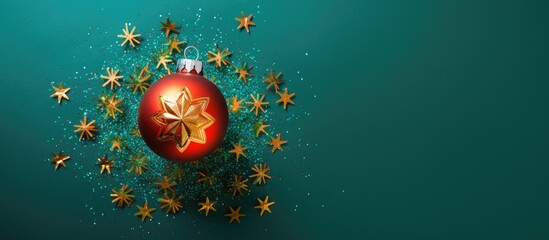 Poster - Top down view of a Christmas toy placed on a colorful background providing ample space for copy or any other image