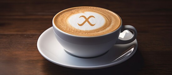 Aufkleber - coffee cappuccino in a white cup with a symbol of Ethereum cinnamon on milk foam. copy space available