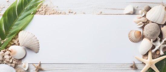 Aufkleber - Blank white Wedding invitation card mockup craft envelope textured table background Tropical Sea shell corals light stone wooden slice paper sheet Template Vacation memories Flat lay top view