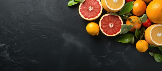 Poster - Fresh oranges grapefruits and madarine slices on dark stone background. copy space available