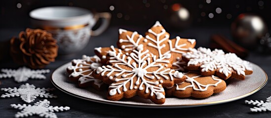 Aufkleber - Christmas gingerbread cookies on the plate Snowflake. copy space available