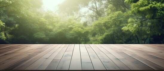 Poster - Empty perspective room with blurred green tree forest and wooden plank floor Template mock up for display of your product. copy space available