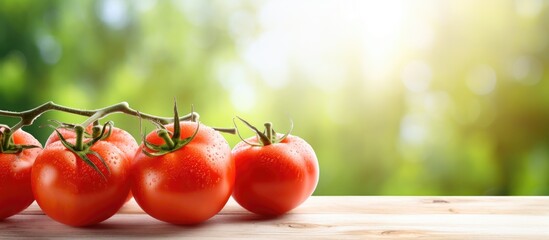 Close up of fresh ripe tomatoes on white wood table and green background Beautiful red ripe heirloom tomatoes Gardening tomato photograph with copy space Shallow depth of field