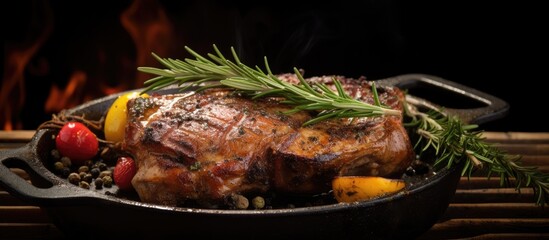 Poster - A pork roast on the bone is sizzling on a cast iron grill pan seasoned with rosemary and spices against a wooden backdrop Ample space for copy is available in the image