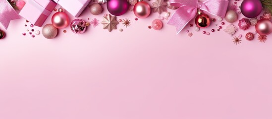 Poster - Christmas pink flat lay background with christmas present box and decorations on pink layout Top view with copy space