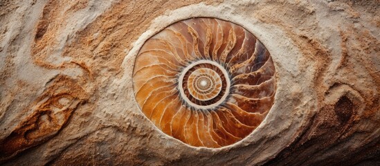 Canvas Print - Ammonite print on sea sand Top view Copy space Spiral pattern snail shell