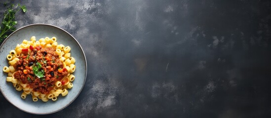 Poster - Stewed pasta with minced beef and vegetables macaroni in Navy style on a plate grey concrete background Copy space