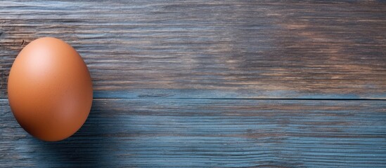 Poster - brown raw chicken egg in shell on old blue wooden background Close up top view. copy space available