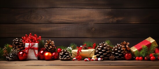 Poster - Christmas decoration with christmas stocking pine cone branch of spruce candies berry and Christmas toy on wooden table on wooden background. copy space available