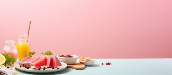 Poster - Tuna on pink plate isolated on white background Breakfast. copy space available