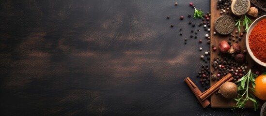 Poster - Chopping board seasonings and on dark concrete background. copy space available