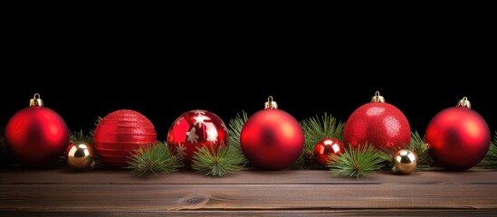 Poster - A festive scene with red Christmas balls hanging from fir branches set against a wooden table background Perfect for holiday and New Year celebrations Copy space image