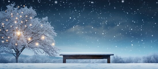 Fototapete - A festive scene with a wooden table in the forefront surrounded by a snowy landscape and a beautiful tree in the background The image offers ample space for creative use