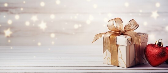 Fototapete - Brown and red vintage gift box and ornament on white wood background with copy space Christmas new year valentine s day and anniversary greeting card background