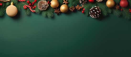 Aufkleber - Christmas composition happy new year greeting banner Fir branches and wooden christmas toys on a green background Zero waste eco friendly concept Flat lay top view copy space