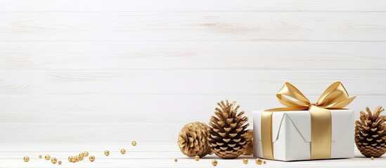 Poster - gold painted pine cone and gift box on white wood. copy space available