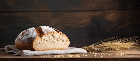 Aufkleber - Horizontal copy space image of a rustic homemade wheat bread displayed on a wooden background with a muted grey hue