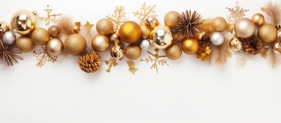 Poster - Christmas composition Golden and brown decorations on white background Christmas winter new year concept Flat lay top view copy space