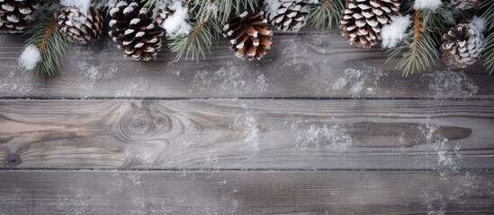 Aufkleber - Christmas background concept Top view of spruce branches with snow and pine cones on old wooden background. copy space available