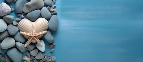 Wall Mural - Two dry starfish and small heart shaped stone on blue background. copy space available
