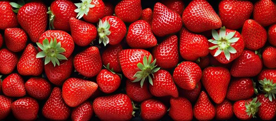Poster - A close up top view of strawberries spread out on a white surface inside a recycled paper food container There is empty space available for text or objects in the image. copy space available