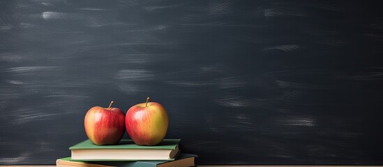 Poster - Books and apple on chalkboard background. copy space available