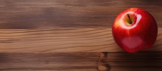 Poster - single fresh red apple on wooden background Gala apple empty copy space for text top view