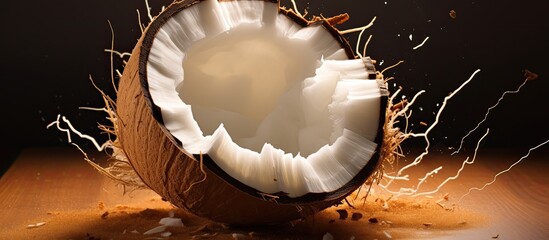 Poster - Cracked coconut in freeze motion isolated on light brown background. copy space available