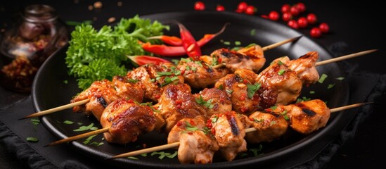 Aufkleber - Kebab Raw Chicken skewers with spices on a black plate Top view Free copy space