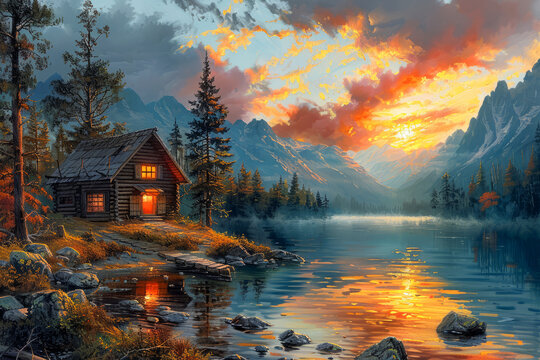 Beautiful landscape of a cozy cabin by the lake in an autumn forest with vibrant fall foliage and a stunning sunset sky reflected on the water.