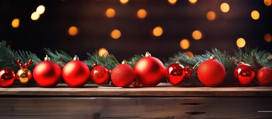 Poster - A festive scene with red Christmas balls hanging from fir branches set against a wooden table background Perfect for holiday and New Year celebrations Copy space image