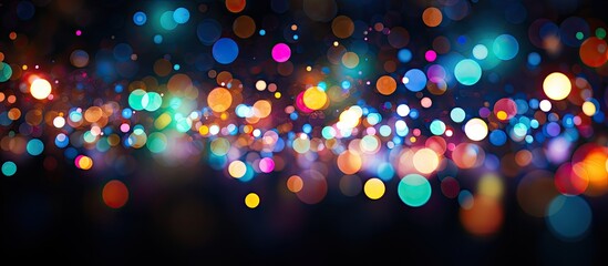 Holiday bokeh background with colorful halftone circles on black. copy space available