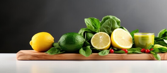 Poster - Healthy foods cooking and vegetarian concept fresh spinach leaves lemon apples avocado on cutting board. copy space available