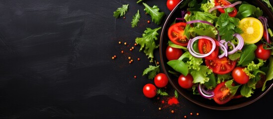 Poster - Ready served salad in bowl on dark table background View from above Detox Healthy Food Concept. copy space available