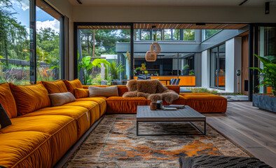 Wall Mural - The living room is bright and spacious space with large orange sectional gray coffee table