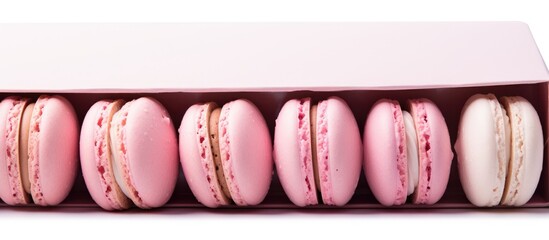 Poster - Pink dessert macaron or macaroons in a box on a white background Copy space