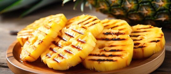 Poster - Plate with grilled pineapple slices and honey on light wooden background. copy space available