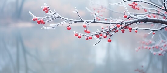 Aufkleber - A scenic winter landscape featuring frozen red briar berries with copy space image